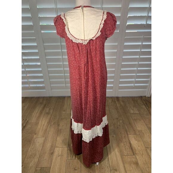 VTG 70s Lola Jrs. Hawaii Red Floral Hippie Chic Prairie Maxi Dress Eyelet Small - Picture 7 of 12